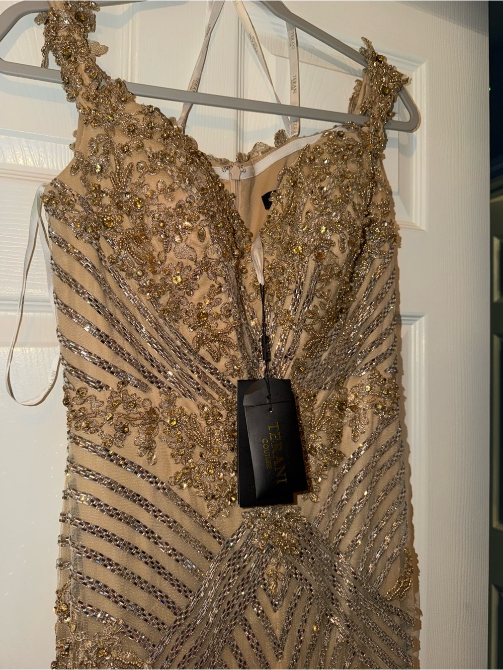 Terani Couture Gold Beaded Embellished Prom Gown